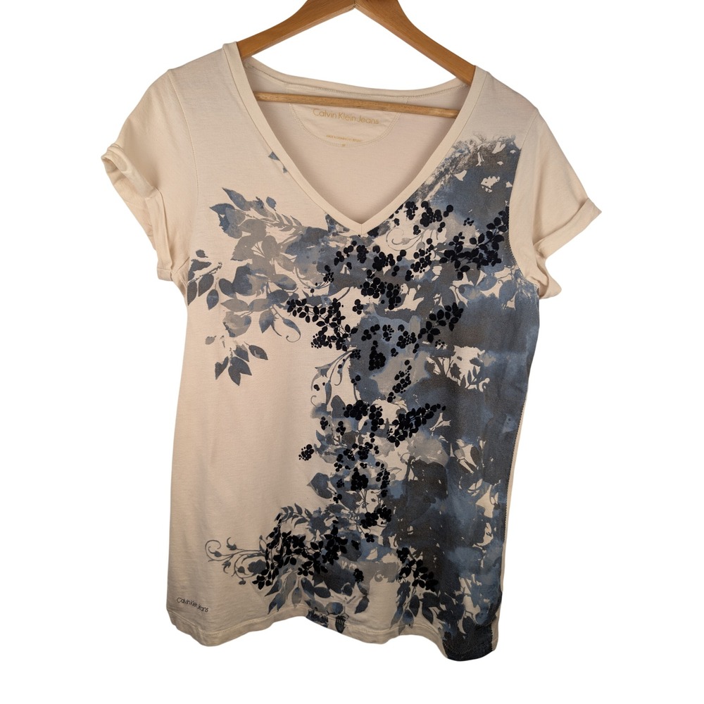 Calvin Klein Jeans Womens Ivory Blue Floral V-Neck T-Shirt WF20R040 Size M